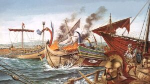 ζωγραφιά σύγκρουσης πλοίων κατά τη ναυμαχία
